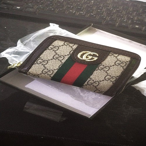شحن مجانا ....محفظة غوتشي مونوغرام، جلد بني، مخططة باللونين الأحمر والأخضر، 19 سم  Gucci high Quality