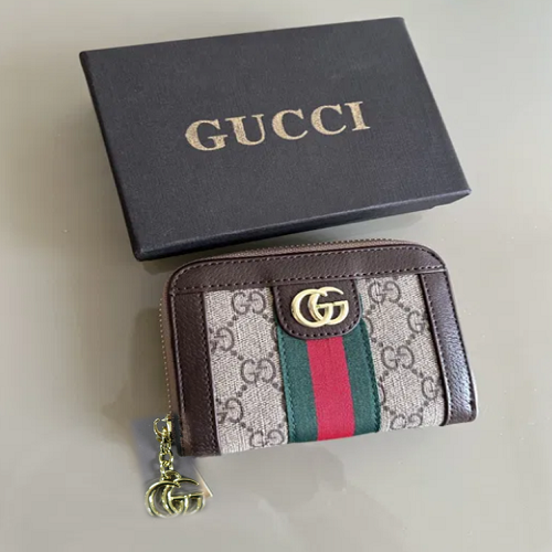 شحن مجانا ....محفظة غوتشي مونوغرام، جلد بني، مخططة باللونين الأحمر والأخضر، 19 سم  Gucci high Quality